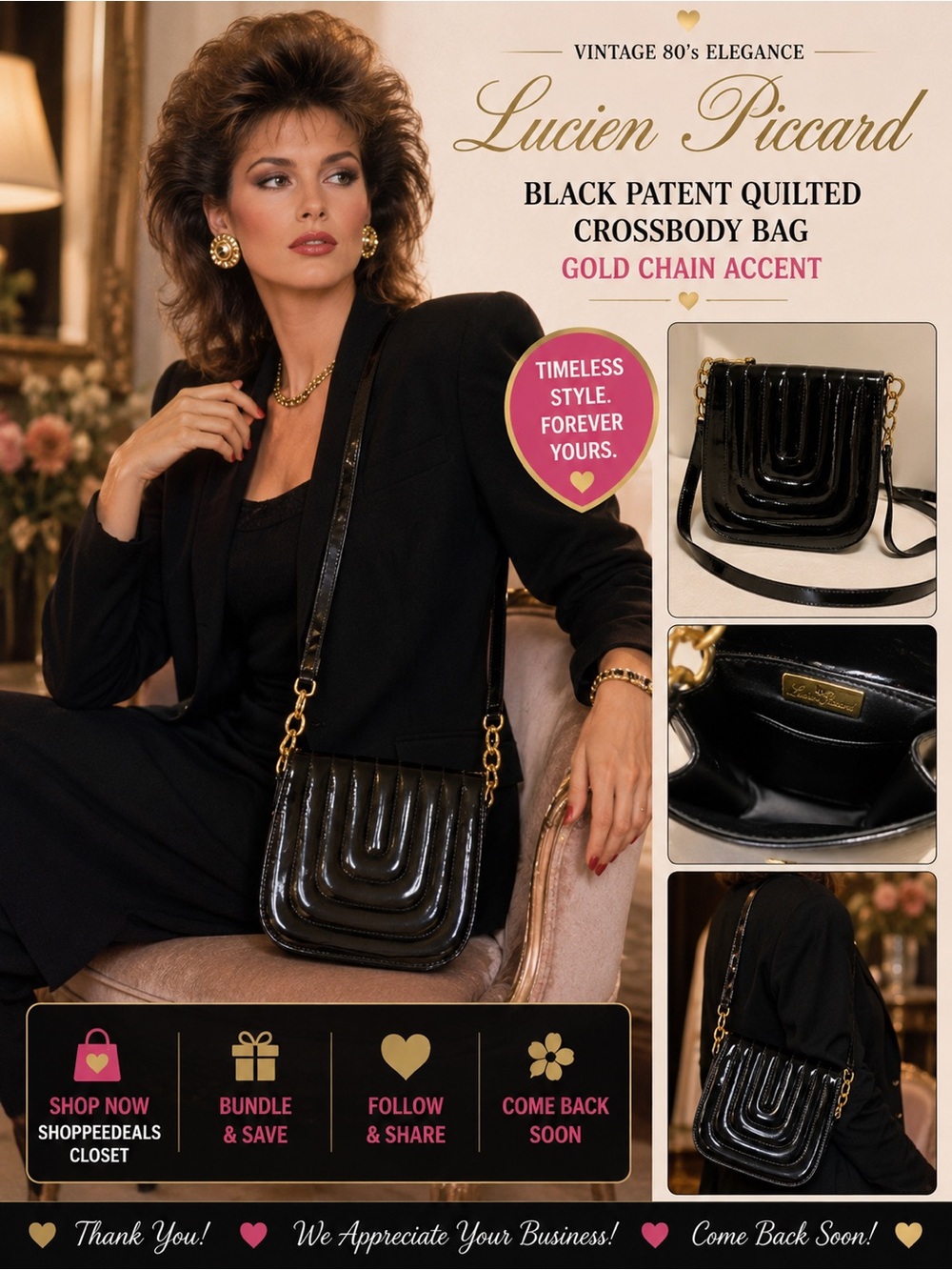 Lucien Piccard Black Patent Quilted Crossbody Shoulder Bag 80’s